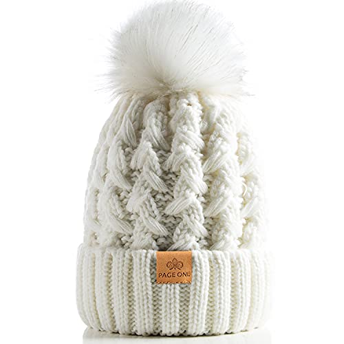 PAGE ONE Womens Winter Ribbed Beanie Crossed Cap Chunky Cable Knit Pompom Soft Warm Hat - color: White