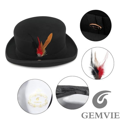 GEMVIE Men 100% Wool Top Hat Mad Hatter Satin Lined Black Low Top Hats for Party - color: Black-4.5" High, size: 7 1/8