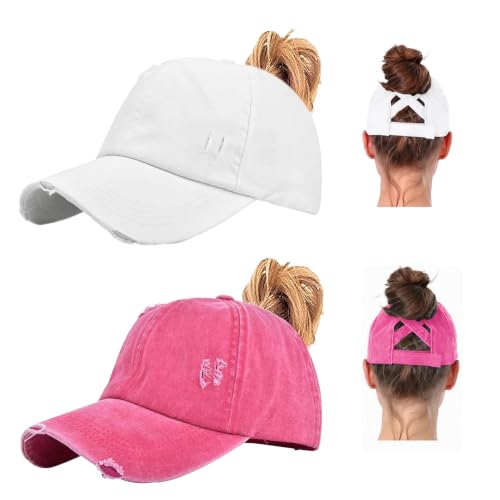 2 Packs Womens Criss‑Cross High Ponytail Trucker Hat, Cotton Vintage Washed Distressed Adjustable Baseball Cap - color: 2pcs 06