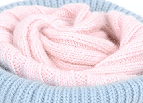 Women's Winter Ribbed Cuffed Beanie Skull Cap with Genuine Raccoon Fur Pom - color: Pink Blue
