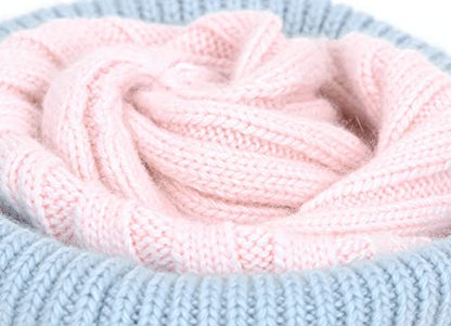 Women's Winter Ribbed Cuffed Beanie Skull Cap with Genuine Raccoon Fur Pom - color: Pink Blue