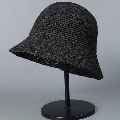 Women Straw Sun Hat Summer Beach Hats Foldable Floppy Cap Wide Brim Bucket Hat Solid Handmade Sun Protection Caps - color: Black