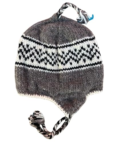 Wool Hand Knit Unisex Fleece Lined Ear Flap Beanie Sherpa Cap Hat Nepal - color: Gray