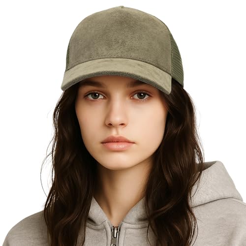 TopTie Suede Mesh Baseball Cap, Breathable Snapback Trucker Cap, 5-Panel Unisex Adjustable Sports Hat for Outdoor - color: Olive Green