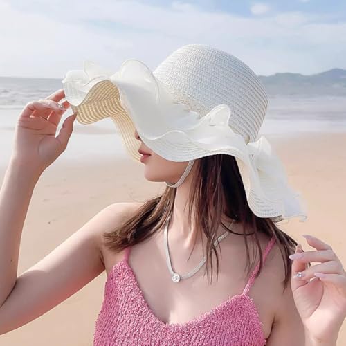 Women Summer Straw Hat Sun UV Protection Wide Brim Breathable Beach Visor Hats - color: Pale Yellow