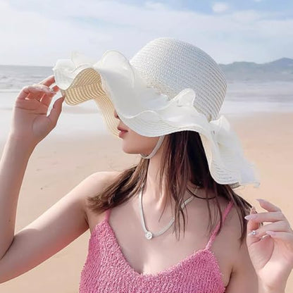 Women Summer Straw Hat Sun UV Protection Wide Brim Breathable Beach Visor Hats - color: Pale Yellow