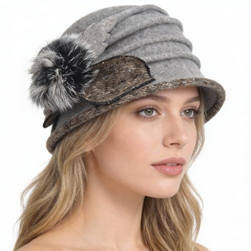 Women's Wool Dress Church Cloche Hat Bucket Winter Floral Hat - color: Light Grey