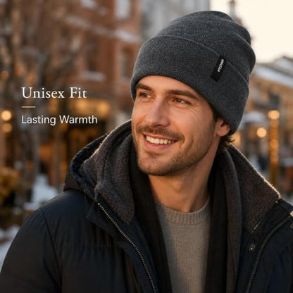 2 Pack Beanie for Men Women Warm Knit Winter Hat Soft Cuffed Cap - color: Heather Grey + Dark Grey