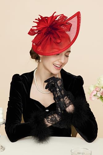 Gionforsy Fascinator Hats for Women Flower Tea Party Hats Pillbox Hat - color: Red