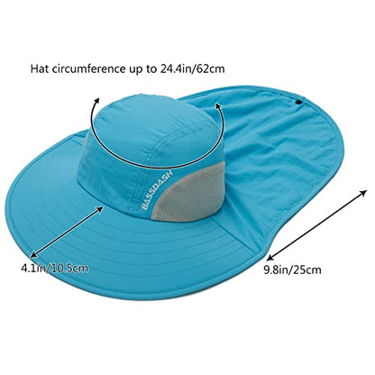 BASSDASH UPF 50+ Unisex Water Resistant Wide Brim Sun Hat with Large Neck Flap Ponytail Fishing Hat for Men Women - color: Light Blue
