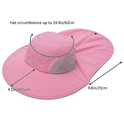 BASSDASH UPF 50+ Unisex Water Resistant Wide Brim Sun Hat with Large Neck Flap Ponytail Fishing Hat for Men Women - color: Pink