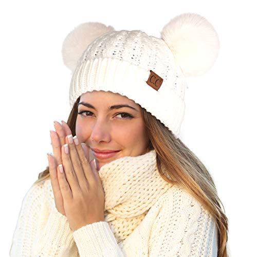 C.C Hatsandscarf Exclusives Cable Knit Double Pom Winter Beanie (HAT-2055)(HAT-23) - color: Ivory-color Natural Pom