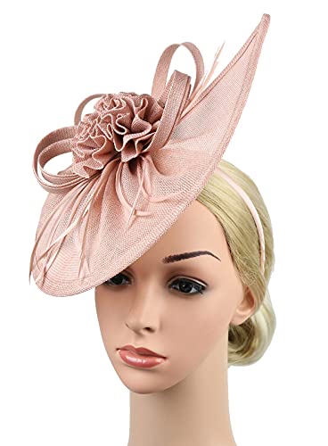 ORIDOOR Women Fascinators Derby Church Tea Party Wedding Flower Feathers Headpiece with Headband Clips - color: 21c Pink