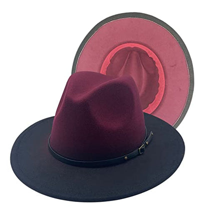 Willheoy Wide Brim Fedora Hats for Women & Men Two Tone Felt Hat Gradient Dress Hat - color: Wine