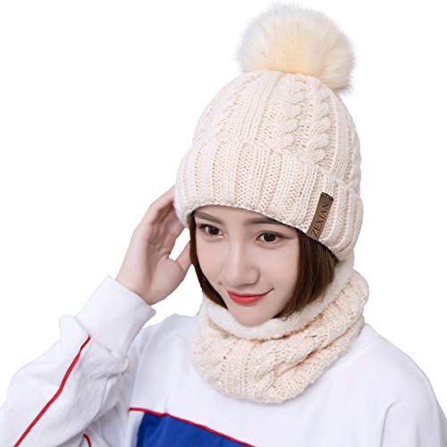 Womens Girls Winter Warm Pom Knit Ski Beanie Hat and Scarf Set - color: Beige