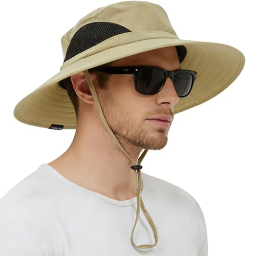 Wide Brim Sun Bucket Hat, Waterproof Boonie Hat for Men & Women - color: 01 Khaki