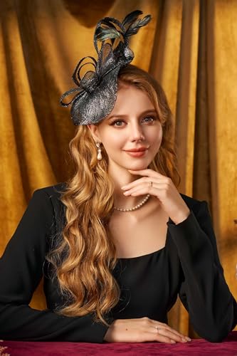 BABEYOND Fascinators Hats for Women Tea Party Glitter Pillbox Hat Derby Hat - color: B-black