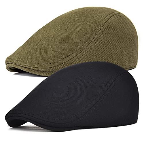 FEINION Men Cotton Newsboy Cap Soft Fit Cabbie Hat - color: Black/Green