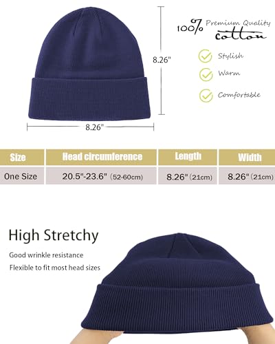 vidsel 100% Cotton Beanie Hat-Unisex Winter Knit Cuffed Beanies Skull Cap - color: 1-navy Blue