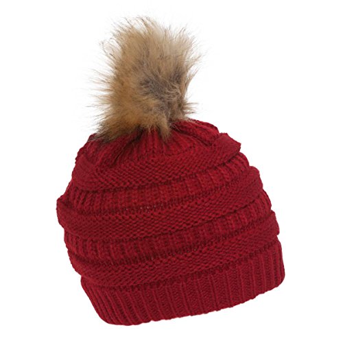 Gravity Threads Cable Knit Faux Fur Pom Pom Beanie Hat - color: Red