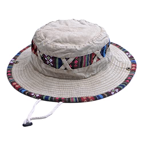 Bucket Hat for Men and Women, Wide Brim Floral Adjustable UV Protection Fishing Washed Sun Hats, Cowboy Hat - color: Beige