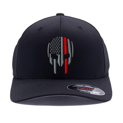 G&B Red Thin Red/Blue Line Spartan Helmet & Distressed Skull Flex Baseball Cap. Embroidered. 6277/6477 Flex Baseball Hat - color: Black, size: Small-Medium