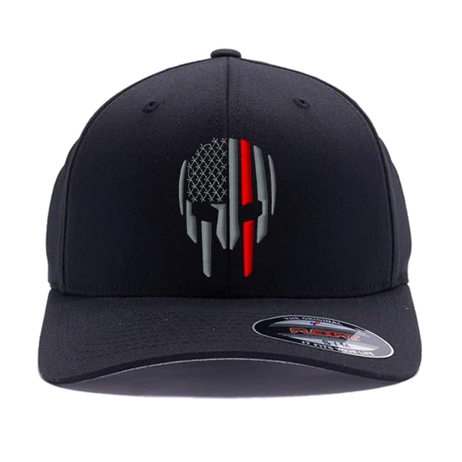 G&B Red Thin Red/Blue Line Spartan Helmet & Distressed Skull Flex Baseball Cap. Embroidered. 6277/6477 Flex Baseball Hat - color: Black, size: Large-X-Large