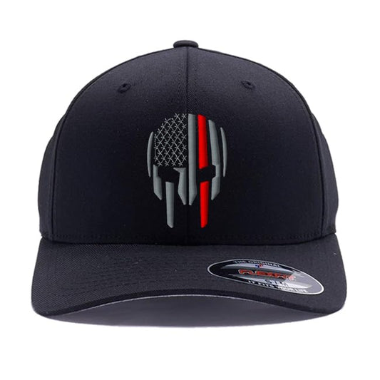 G&B Red Thin Red/Blue Line Spartan Helmet & Distressed Skull Flex Baseball Cap. Embroidered. 6277/6477 Flex Baseball Hat - color: Black, size: Large-X-Large