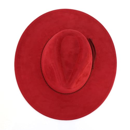 LIDHAY Big Wide Brim Fedora Hats for Women Men Western Suede Hat Large Felt Panama Hat Rancher Hat - color: Wine Red