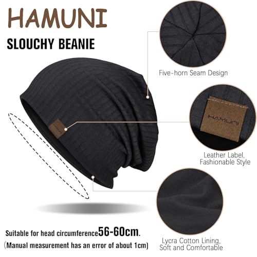 HAMUNI Slouchy Beanie for Men Women Soft Lightweight Chemo Headwear - color: Black