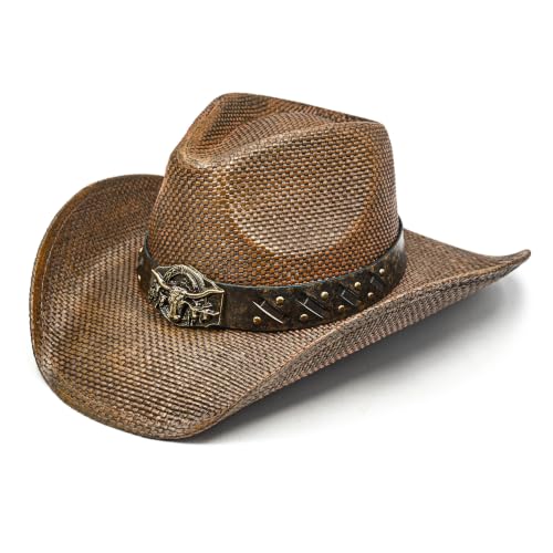 FLUFFY SENSE. Cowboy Hats for Women and Men - Distressed Straw Western Hat with Shapeable Brim for Cowboys and Cowgirls - color: Rustic Brown