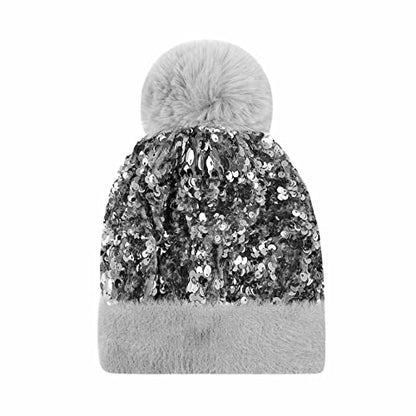 Women Sparkly Sequins Knitted Beanie Hat Warm Winter Skull Cap with Faux Fur Pom Pom - color: Gray