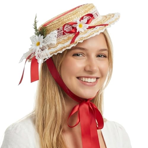 Victorian Tea Party Sun Hat, Wide Brim Straw Flat Cap - color: Red
