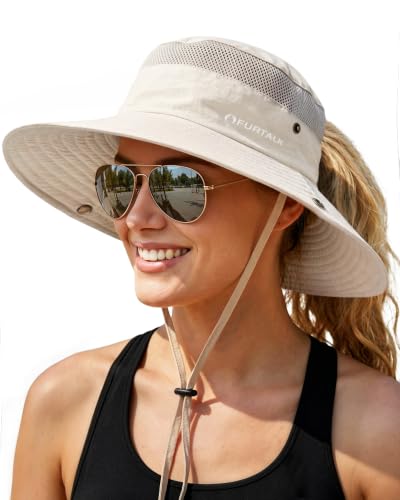 FURTALK Sun Hats for Women UV Protection Wide Brim Ponytail Hiking Hat - color: Beige