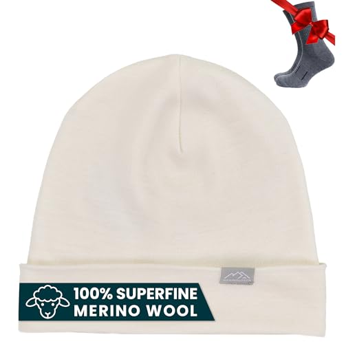100% Merino Wool Beanie for Women, Men - Set Adult Skull Cap 17.5um & Socks - color: Natural Merinos, size: Small-Medium