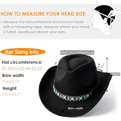 Western Cowboy Hat Felt Wide Brim Women Men Cowgirl Hats - color: X-beaded Buckle-black