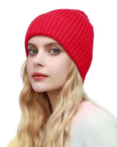 ROYBENS Womens Satin Lined Beanie for Men Wool Knit Cuffed Warm Winter Hats - color: 1pcs-red