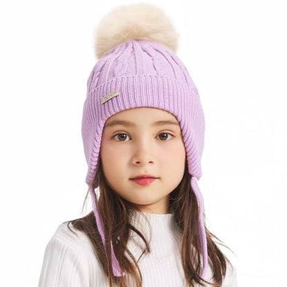 ZLYC Kids Girls Boy Winter Hat Cotton Lined Pom Pom Beanie Earflap Knit Cap - color: Solid Light Purple