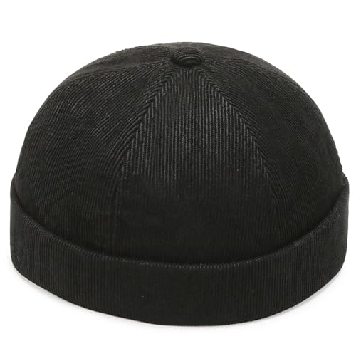 Corduroy Brimless Hat for Men Women Sailor Docker Cap Cuff Harbour Beanie Hat - color: Black