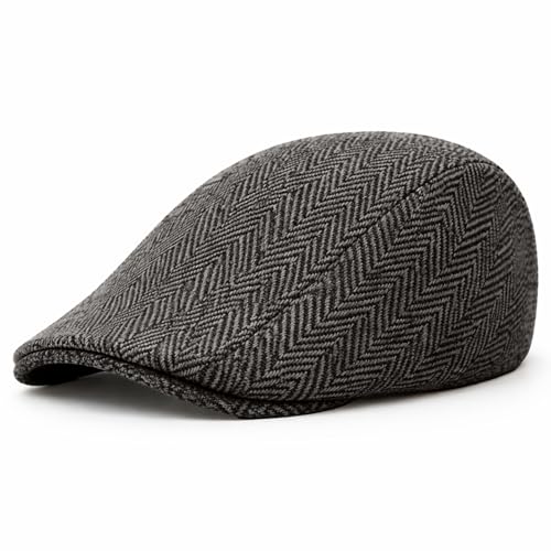 Premium Men’s Tweed Newsboy Flat Cap – Classic Herringbone Ivy Gatsby Winter Hat - color: Black