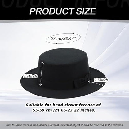 Classic Black Felt Fedora Hat Unisex, Flat Top Pork Pie Cap, Wide Brim Derby Boater Hat for Daily Wear Formal Party Events