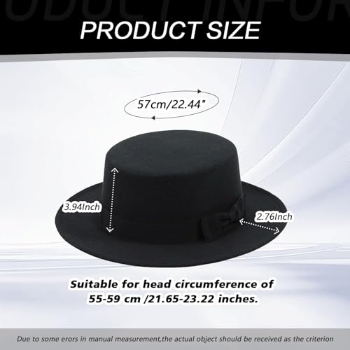 Classic Black Felt Fedora Hat Unisex, Flat Top Pork Pie Cap, Wide Brim Derby Boater Hat for Daily Wear Formal Party Events