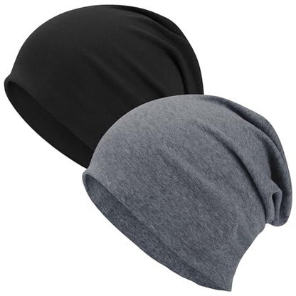 ROYBENS 100% Cotton T-Shirt Beanie for Women Men Slouchy Soft Skull Cap - color: 2pcs-black, Dark Grey