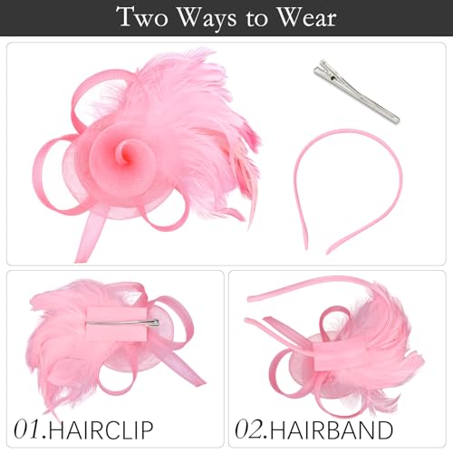 AMCAMI Fascinators Hats with Feather for Women 2026 Derby Hats Small Tea Party Hat with Headband - color: Pink