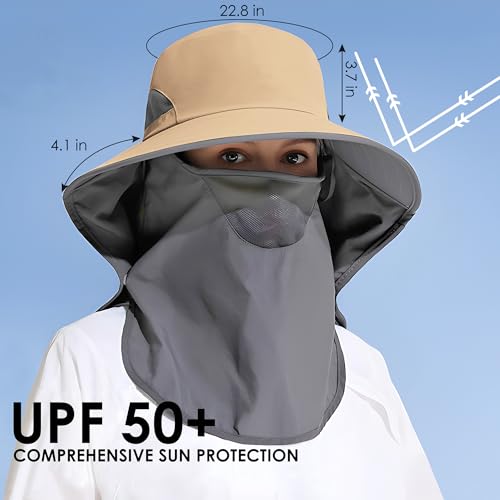 Outdoor Sun Hat Detachable Neck Face Flap UPF 50+UV Protection Visor Fishing Hats with Neck Flap for Men & Women - color: Khaki