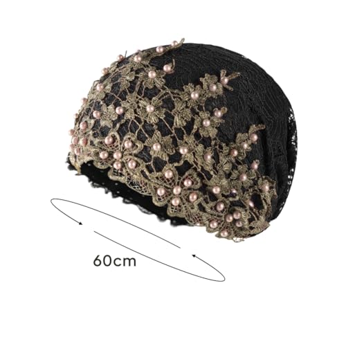 haozaikeji Women Flower Turban Hat Rhinestones Muslim Islamic Head Wrap African Pearl Turban Soft Stretchy Head Cover - color: Black