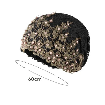 haozaikeji Women Flower Turban Hat Rhinestones Muslim Islamic Head Wrap African Pearl Turban Soft Stretchy Head Cover - color: Black