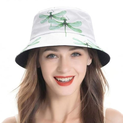 ZLYC Printed Bucket Hat for Women Men Packable Summer Sun Hat for Beach - color: Dragonfly White