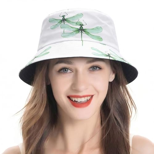 ZLYC Printed Bucket Hat for Women Men Packable Summer Sun Hat for Beach - color: Dragonfly White