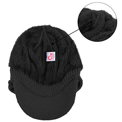 Women's Winter Cable Knitted Visor Beanie Fleece Lining Ear Flap Baseball Cap Hunting Trapper Hat with Billed - color: Black